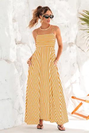 Orange Gestreiftes Quadratischer Ausschnitt Maxikleid