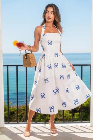 Midi-Baumwoll-Bandeaukleid mit Schleifendruck