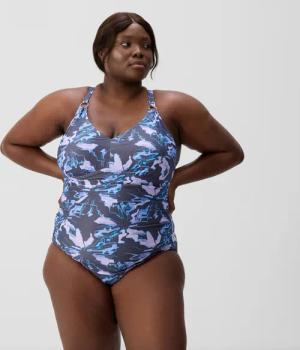 Damen Shaping-Badeanzug mit V-Ausschnitt und Print in Übergröße Violett/Grau