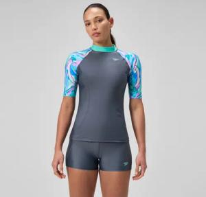Damen Kurzarm-Rashguard Grau/Grün