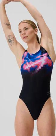 Damen Club Training Leaderback Badeanzug mit Print Schwarz/Pink