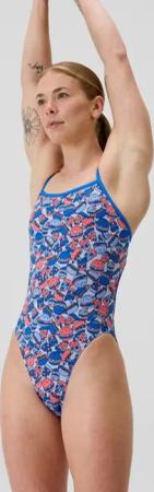 Damen Club Training Badeanzug mit Gitterschnürung mit Print Blau/Orange