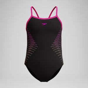 Mädchen Plastisol Placement Muscleback Badeanzug mit dünnen Trägern Schwarz/Pink