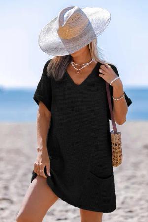 Schwarzes V-Ausschnitt Kurzarm Mini-Strandkleid