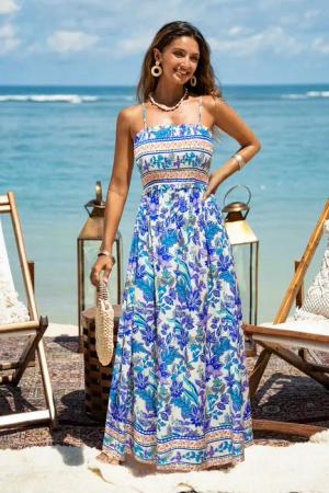 Ärmelloses Quadratischer Ausschnitt Maxikleid mit Blumenmuster