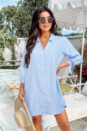 Gestreiftes Reverskragen Mini-Strandkleid