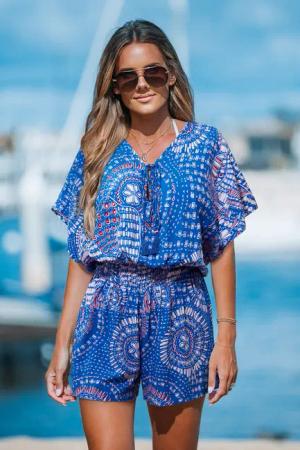 Blauer Boho-Strampler mit Kordelzug