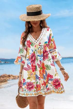Blumiges V-Ausschnitt Minikleid mit halben Ärmeln