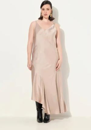 Ulla Popken Cocktailkleid Satin-Maxikleid A-Linie V-Ausschnitt