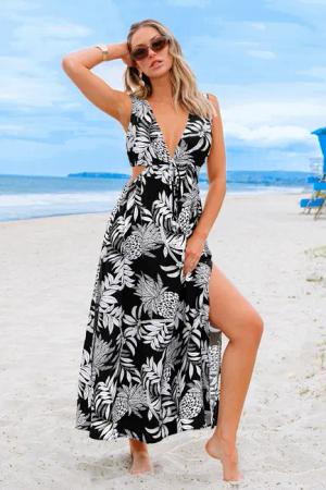 Schwarzed Tropisches Ärmelloses Maxikleid
