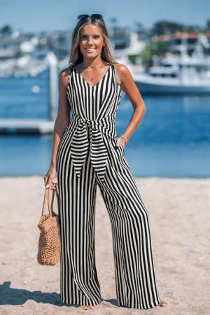 Gestreifter Ärmelloser V-Ausschnitt Jumpsuit