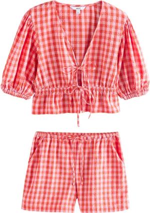 Next Kurzarmbluse Bluse mit Puffärmeln, Vichykaros
