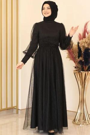 fashionshowcase Abendkleid silbriges Tüllkleid Abiye Abaya