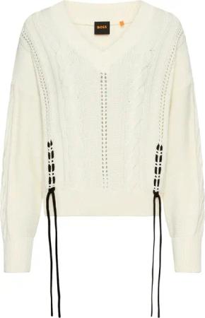 BOSS ORANGE Strickpullover "Fangallo Premium Damenmode", mit Kordel-Details, V-Ausschnitt
