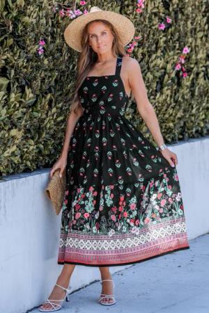Schwarzes Quadratischer Ausschnitt Maxikleid mit Blumenmuster