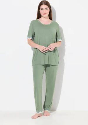 Ulla Popken Pyjama Schlafanzug Spitzenkanten Rundhals