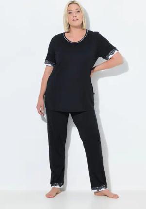 Ulla Popken Pyjama Schlafanzug Spitzenkanten Rundhals