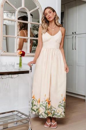 Beiges V-Ausschnitt Maxikleid mit Blumenmuster