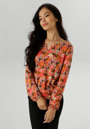 Aniston SELECTED Langarmshirt, mit Cut-out und farbenfrohem Blütendruck - NEUE KOLLEKTION