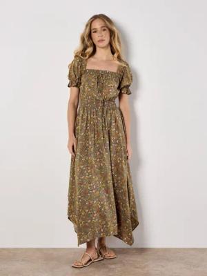Apricot Midikleid Florales Kleid, mit Smokdetails