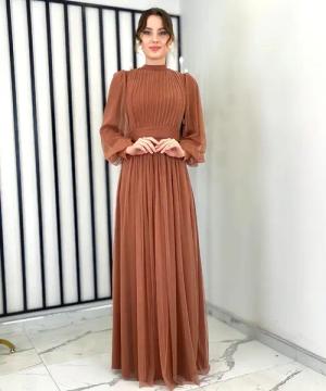 fashionshowcase Tüllkleid Damen Abendkleid Maxilänge Abaya-Stil