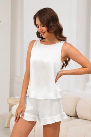 Weißes Ärmelloses Pyjama-Set mit Rüschenbesatz
