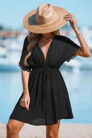Schwarzes Tiefer Ausschnitt Mini-Strandkleid
