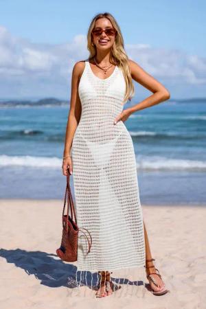 Weißes V-Ausschnitt Maxi-Strick-Strandkleid mit Schlitz­saum