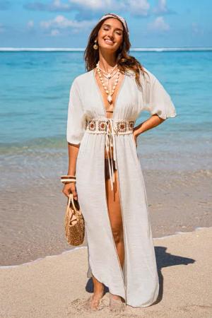 Beiger Tiefer Ausschnitt Strand-Kimono