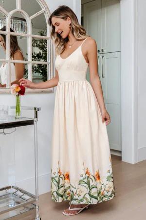 Beiges V-Ausschnitt Maxikleid mit Blumenmuster