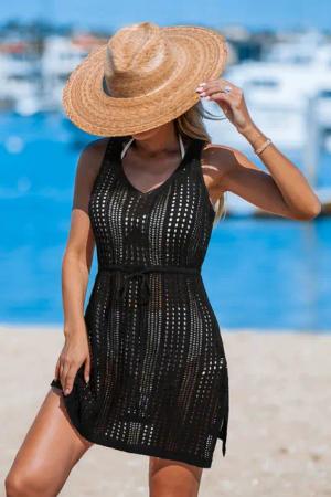 Schwarzes ärmelloses Mini-Strandkleid mit Taillengürtel