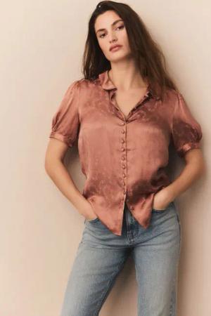 Next Kurzarmbluse Jacquard-Satinbluse mit Bubikragen und