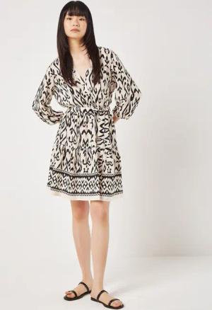 Apricot Druckkleid Ikatmuster Kleid, (2-tlg) mit