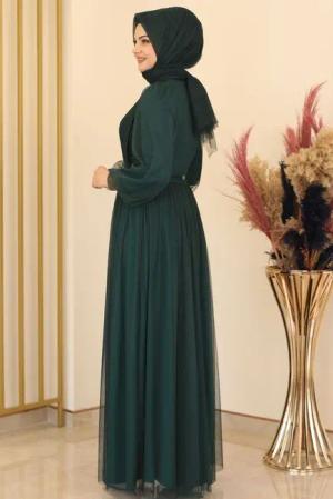 fashionshowcase Tüllkleid Damen Abendkleid Maxilänge Abaya-Stil