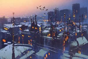 queence Leinwandbild "Stadt bei Nacht", Vögel-Vogelbilder-Kunst-Modern-Spa-Spa Bilder-Gebäude-Sonnenuntergang-Sonnenaufgang, Premium-Leinwandstoff, Handarbeit aus Deutschland