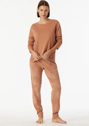 Schlafanzug lang Interlock Bündchen Ginkgo rost - Modern Nightwear 46