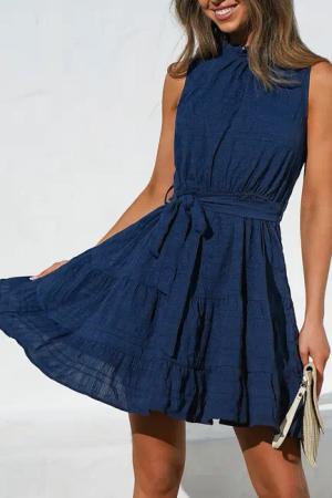 Blaues Ärmelloses Hoher Ausschnitt Minikleid