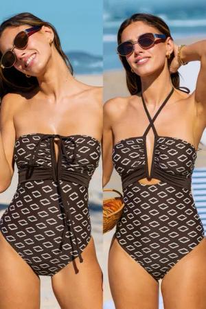 Tiefer Ausschnitt Neckholder-Badeanzug mit Geo-Print