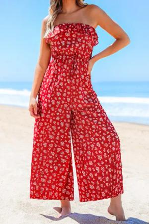 Roter Blumiger Bandeau-Jumpsuit