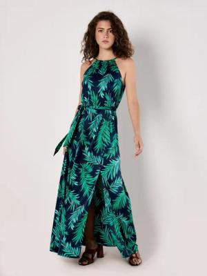 Apricot Maxikleid Blätterdruck Kleid, mit Bindegürtel