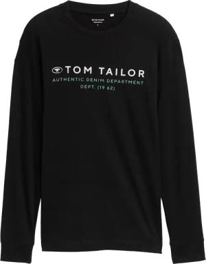 TOM TAILOR Herren Langarmshirt mit Logo-Print, schwarz, Uni, Gr. M