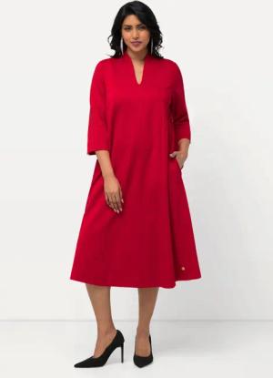 Ulla Popken Midikleid Midi-Puntokleid Kelchkragen V-Ausschnitt