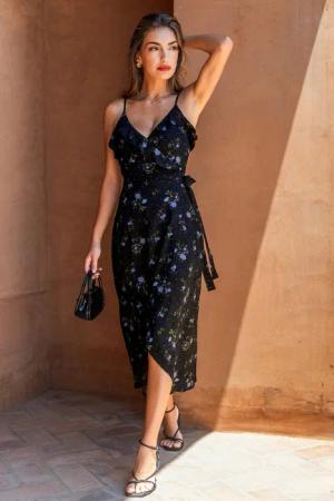 Midi-Wickelkleid mit Blumenmuster und Rüschenbesatz