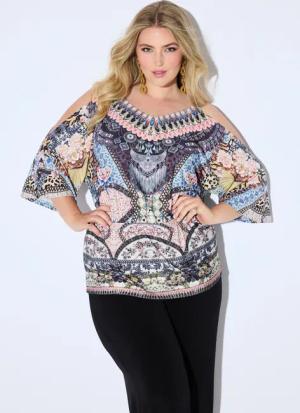 Ulla Popken Longtop Trägershirt schulterfrei Alloverdruck
