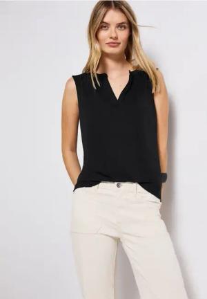 Street One Frauen Split Neck Jersey-Top in Schwarz, Gr: 34