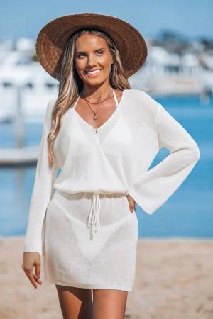 Weißes Wickel Mini-Strick-Strandkleid mit Taillengürtel
