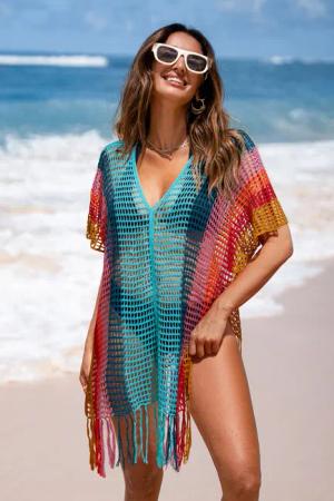 Gestreiftes V-Ausschnitt Mini-Strick-Strandkleid
