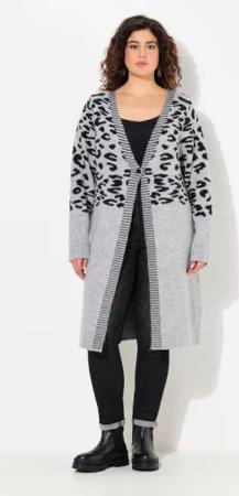 Ulla Popken Strickjacke Long-Strickjacke Leomuster V-Ausschnitt