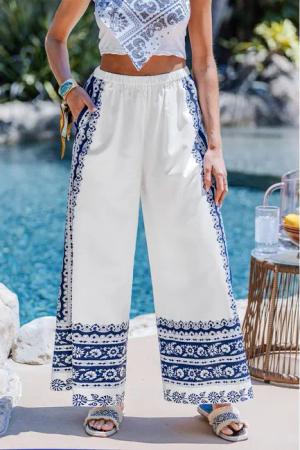 Boho Weiße Verzierte Elastischer Bund Hose