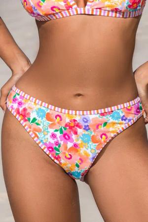 Mittelhohe Bikinihose mit Aquarellblumen und Häkelbesatz